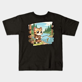 Feline Nature Lover Fishing Kitten Silhouette Cat Kids T-Shirt